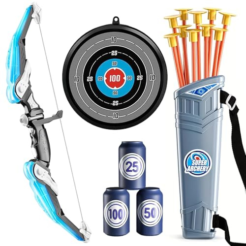 BEKKLPOU Juego De Arco y Flecha, Juguetes de Tiro con Arco, 10 Flechas con Ventosa, Objetivo y Puntas De Flecha, Adecuado para Entrenamiento En Interiores y Exteriores (Azul)