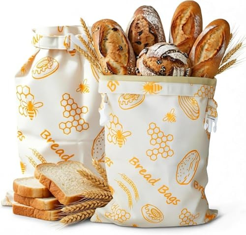 AirBanish Bolsas de pan de cera de abejas, 2 unidades, reutilizables, 43 × 33 cm, algodón recubierto de cera de abeja natural, bolsas de almacenamiento para pan casero y productos horneados