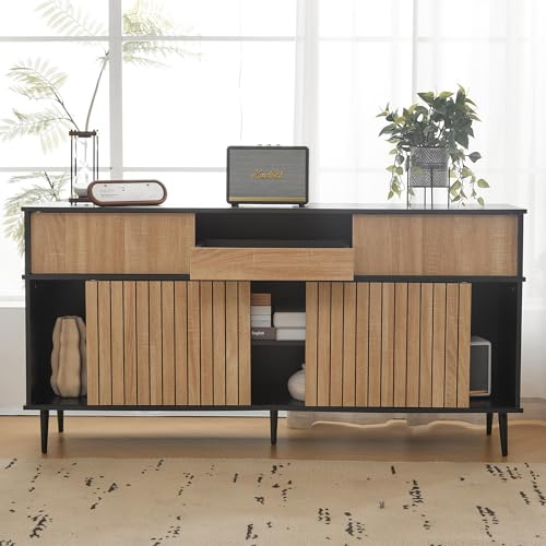 Merax Aparador de madera con 4 puertas correderas y 1 cajón, aparador rústico - aparador - aparador - armario auxiliar - roble combinado negro - 80 x 160 x 40 cm (H x W x P)