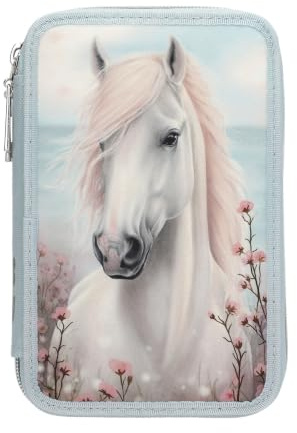 Depesche 13974 Miss Melody - Filled 2-Compartment Pencil Case in Light Blue with Horse Motif and Flowers, Pencil Case with Colouring Pencils, Scissors, Ruler and much more