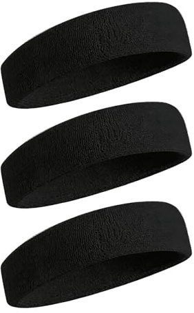 Lot de 3 bandeaux anti-transpiration en tissu éponge absorbant pour homme et femme - Convient pour la course à pied, le cyclisme, le tennis et le football - Noir