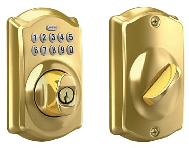 Schlage Camelot Electronic Keypad Deadbolt Lock, Keyless Front Door Entry, Mechanical Key Backup Included, Bright Brass, BE365 CAM 505