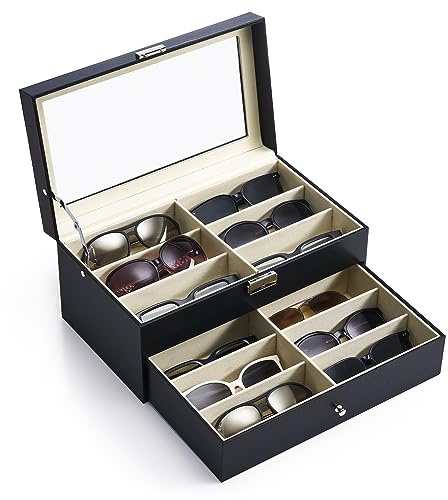 CO-Z Sunglasses Organizer with 12 Slots, Multiple Eyeglasses Eyewear Display Case for Women Men, 2 Story Leather Multi Sunglasses Jewelry Collection Holder with Drawer