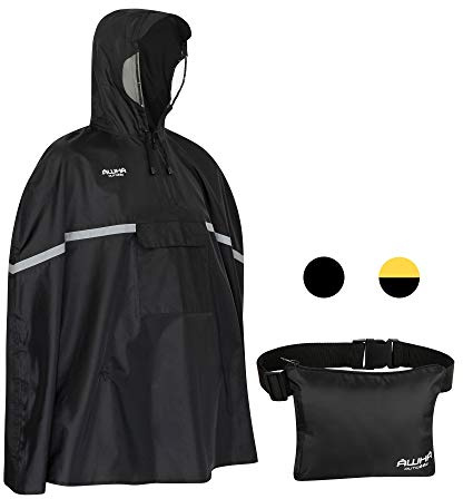 AWHA Poncho de Lluvia Bicicleta - Poncho negro Impermeable con Capucha con Lados Transparentes/Banda Reflectante/Chubasquero Hombre y Mujer/Poncho Patinete Scooter