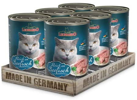 Leonardo Cibo umido [6x400g Ricco di pesce di mare] | Cibo umido senza cereali per gatti | Alimento completo umido in lattina
