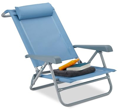 Relaxdays Sedia Pieghevole, Poggiatesta, Apribottiglia, Braccioli Regolabili, 120 kg, Plastica, Acciaio, Blu
