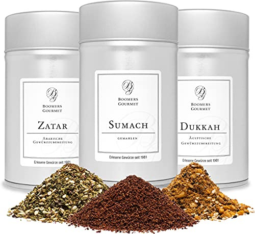 Boomers Gourmet - Orientalische Gewürze Set, Sumach Gewürz I Dukkah Gewürzmischung I Zatar Gewürzmischung nach Ottolenghi Gewürze Set 3er - 3 Dosen - 285 g