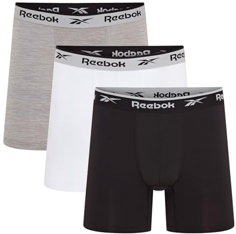 Reebok Ainslie Boxers for Men | Pack of 3 Mens Sports Trunks, Breathable & Stretchable Underwear for Men | Multipack Boxer Shorts, Black/White/Grey Marl, L