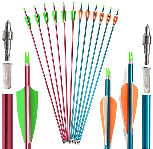 SHARROW 12 Freccia in Alluminio 32 Frecce di Caccia Spine 500 Freccia di Tiro al Bersaglio con Piuma di Plastica per Bersaglio Tiro con L'Arco Arco Ricurvo Arco Compound Arco Lungo (Rosso+Blu)