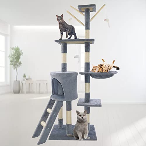 Go Pet Club Cat Tree Tower Scratching Post Activity Centre 140cm Climbing Frame Play Tower for Large/Small Cats Indoor/Outdoor Play & Rest