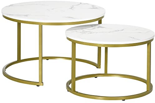 HOMCOM Coffee Table Set of 2, Round Nest of Tables with Faux Marble Tabletop and Metal Frame, Modern Side Tables for Living Room, White