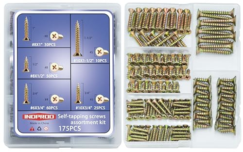 INDPROD Wood Screws Assortment Kit, 175Pcs, #6#8#10 Self Tapping Screws, Yellow Zinc Plated, Flat Head Phillips Screws Set, Assorted Screws, Screw Assortment, Length 1/2, 3/4, 1, 1-1/2 Inch, Gold