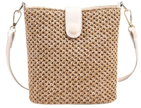 Sac à bandoulière en paille pour femme - Fait à la main - En rotin - Avec sangles en cuir tissé à la main - Pochette de paille, Blanc - L, Taille unique