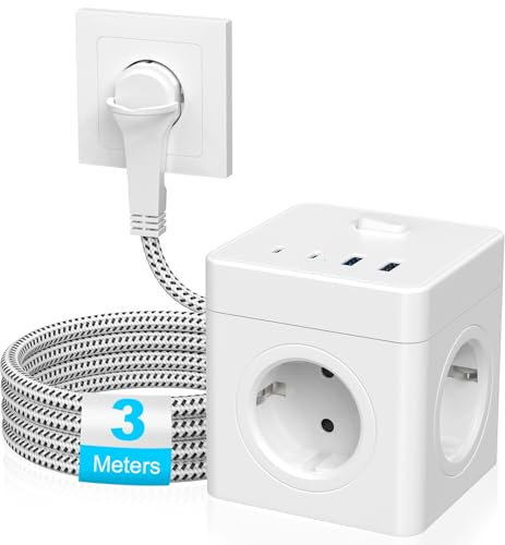 Steckdosenwürfel, Steckdosenleiste mit 4 USB, Mehrfachsteckdose mit 2 USB C, Steckerleiste mit Schalter, 4-Fach Power Strip, Mehrfachsteckdosen mit Flachstecker - 3M Kabel - Weiß