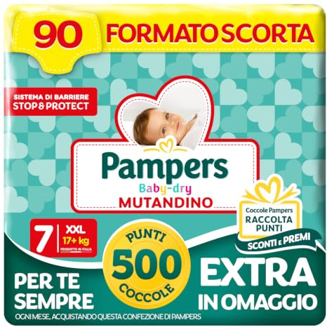 Pampers Baby Dry Mutandino XXL, Taglia 7 (17+ kg), Formato Scorta, Barriera Stop&Protect, Anti-Fuoriuscite, Fascia Elastica, Asciutto 12h, Cambio Facile, 90 Pannolini Bambino + 500 Punti Omaggio