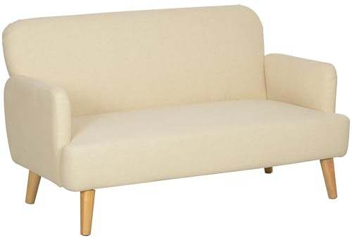 HOMCOM Divano 2 Posti Moderno Scandinavo in Tessuto con Braccioli, Divanetto 2 Posti con Imbottitura di 21 cm Gambe in Legno per Soggiorno, Salotto, Casa e Ufficio, 140x74x79 cm, Bianco Crema