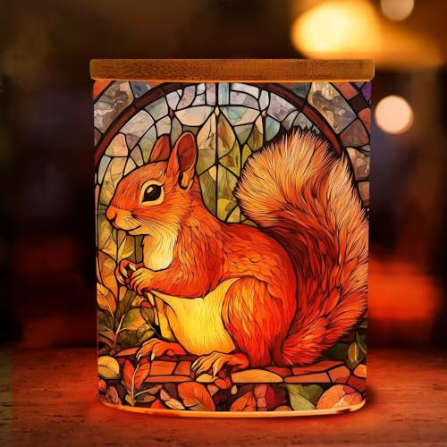 Squirrel Pattern Printing Glass Jar with LED Candle Table Lamp Stained Glass Desk Lamp Cylindrical Tealight Holder 2.8D x 3.5H inches