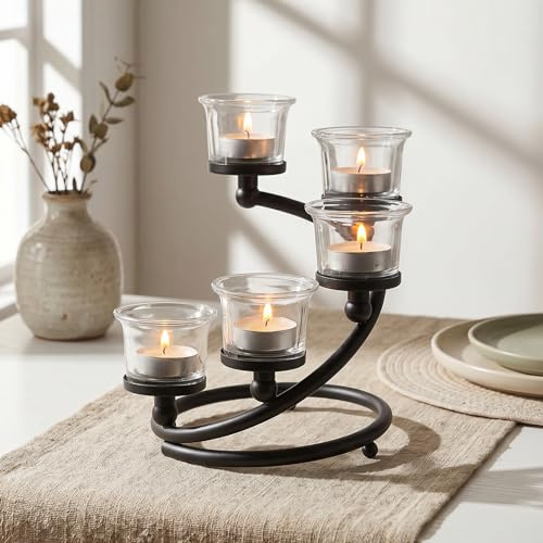 Kolnlala 1PC Clear Chunky 5 Cups Metal Tea Light Candle Holders for Table Centerpiece, Glass Votive Tealight Holders/Candelabra Candlestick Holders for Wedding,Party, Anniversary,Christmas(Black)