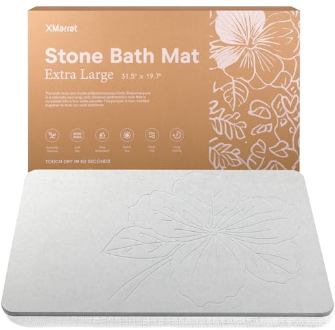 XMarrat Extra Large Stone Bath Mat Large, 31.5'' x 19.7'' Diatomaceous Earth Non-Slip Stone Shower Mat, Super Absorbent Diatomite Stone Mats for Bathroom, Quick Drying, Easy to Clean (Light Gray)