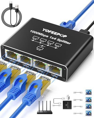 Internet Splitter 1 in 4 Out, Gigabit Ethernet LAN Splitters High Speed 1000Mbps RJ45 Ethernet Switch for Cat8/7/6/5e/5 Cable [4 Devices Simultaneous Networking]