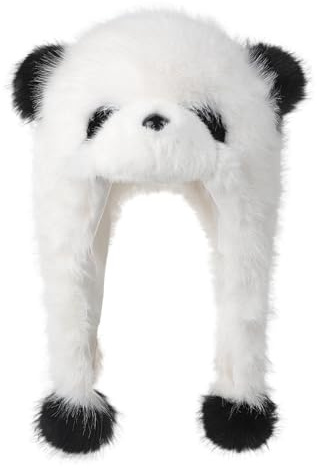 Moonlove Winter Cute Plush Panda Ear Flaps Hat for Unisex Teens Adults, Windproof Furry Earmuffs Warm Cap Animals Style Novelty Birthday Gift Cold Weather Hat for Women Men