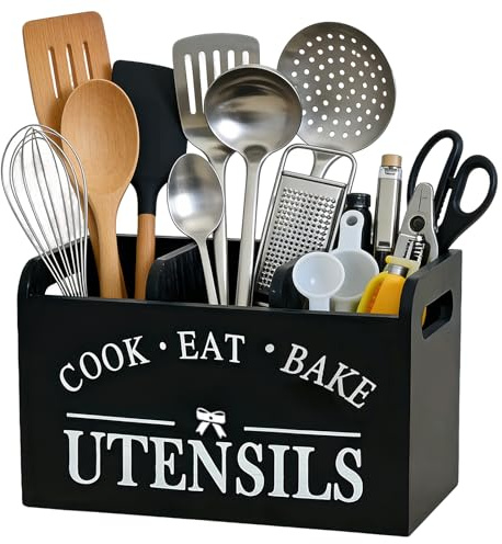 Nocecfi Wooden Kitchen Utensil Holder, Cooking Utensil Organizer with 3 Compartment and Drainage Bottom Farmhouse Utensil Cutlery Caddy Cooking Tools Storage for Countertop (Black)