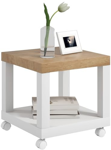 HOMCOM Table d'Appoint Roulante Table Basse 40x40x40 cm Bois Naturel Blanc