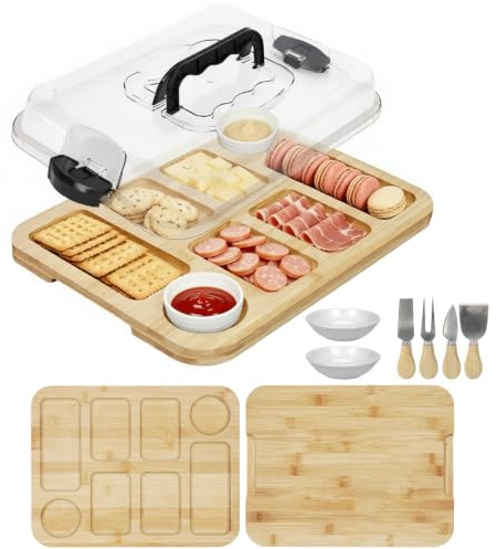 Reversible Charcuterie Board with Lid, Portable Cheese Board and Knife Set | 2 in1 Grazing Board with Carry Handle for Travel Picnic