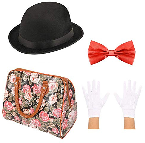 ENSEMBLE DE DÉGUISEMENT DE NOUNOU EDWARDIAN MAGIQUE - CHAPEAU MELON + NŒUD PAPILLON + GANTS + SAC DE TAPIS EN FAUX CUIR - DÉGUISEMENT DE NOUNOU MAGIQUE CARACTÈRE SEMAINE DU LIVRE FILM (60 CM)