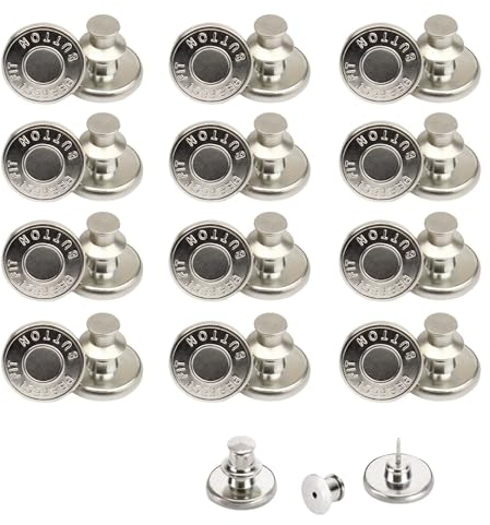 12 Stück Knopfnadeln für Lose Jeans, Sofortiger Ersatz Ohne Nähen und Werkzeuge, Druckknopf-Hosenknopf, Wiederverwendbarer und Einstellbarer Metall-Hosenknopf-Strammer