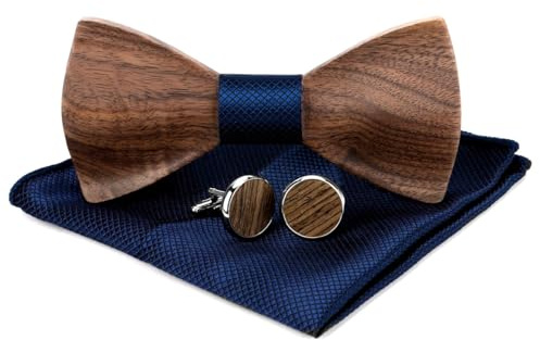 VOANZO Pajarita de Madera para Hombre, Pajarita de Madera de Nogal con Gemelos, Conjuntos a Cuadros de Bolsillo para actuaciones de Boda, Regalo de graduación