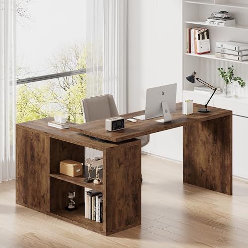 HSH L Desk with Storage Shelves, L Shaped Computer Desk with Open Storage Cabinet, Reversible Corner Home Office Desk for Writing Work, Wood Study Table in Bedroom Living Room, Rustic Brown, 140 CM