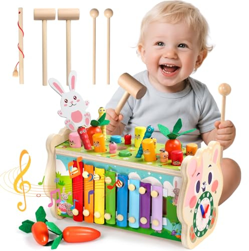 Fajiabao Jouet Bebe 1 an Montessori- 7 en 1 Jeux en Bois Educatif Jouet Enfant 1 an Jeu Marteau et Xylophone Bebe, Cueillir Les Navets, Cadeau Enfant 1 2 3 Ans Garcon Fille Anniversaire
