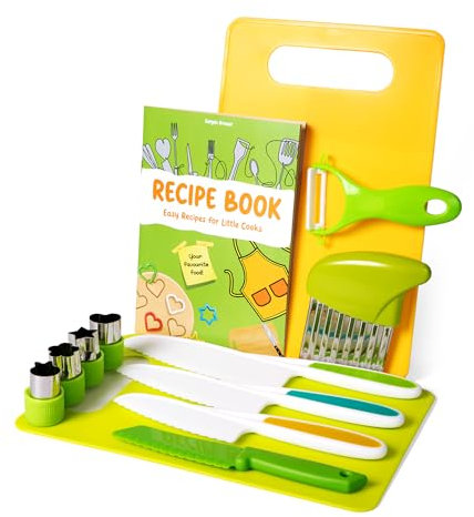 Bargain Browser 13 PCS Kids Knife Set for Chopping & Free Recipe Book (Banana Penguin, Watermelon Fries, Puff Pizza), Kids Safe Knives with Crinkle Cutter/Chopping Board/Cookie Cutter, Kids Toys