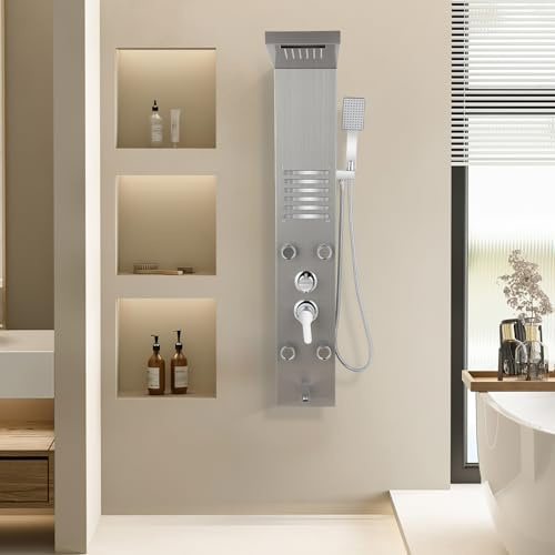 Peviasot Duschpaneel, Wandmontiertes Duschpaneel, 5 Funktionen Duschsäule, Duschpaneelsystem Edelstahl mit Armatur, Verstellbare Massagedüsen, PVC-Schlauch, bruchsicher, Silber