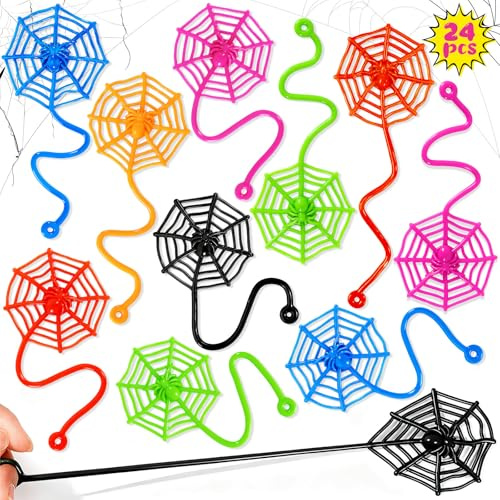 VICROIC 24 PCS Sticky Spider Web for Kids, 7.6 Inches Cobweb Sticky Hand Toys, Halloween Spider Party Favors for Goodie Bag Stuffers, Birthday, Classroom Prizes Supplies (6 Colors)