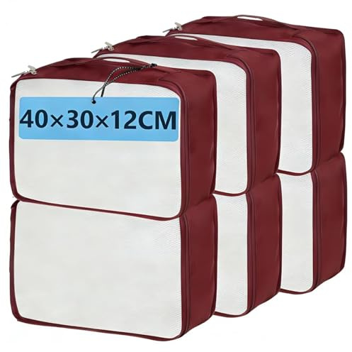 Cubi da imballaggio grandi, 6 pezzi, 40 x 30 x 12 cm, borse organizer per valigie, 6 pezzi, organizer da viaggio (Weinrot, 6 x L)