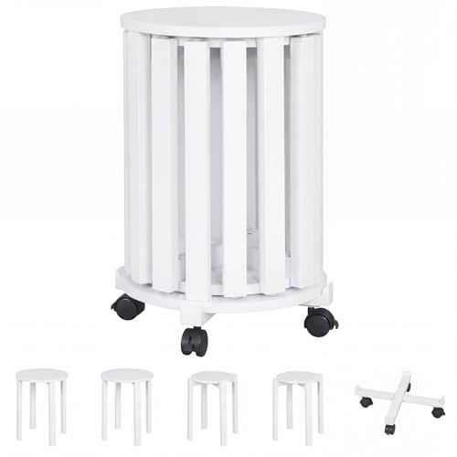COSTWAY Stackable Stools Set of 4, Wooden Nesting Chairs with Rolling Base and Locking Wheels, Versatile Round Bar Stools & End Tables for Kitchen, Small Places & Apartments (White)
