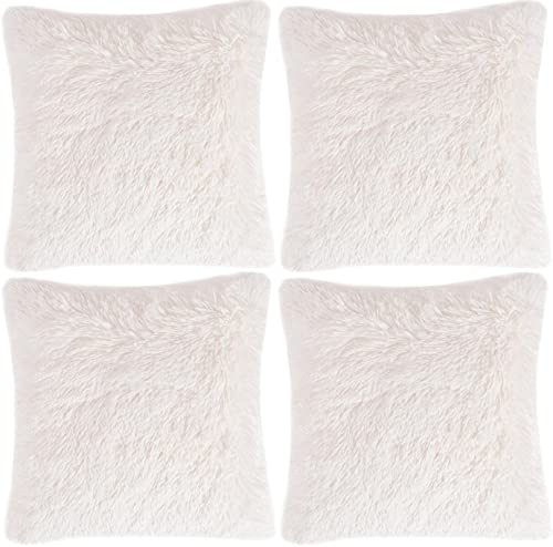 Adore 4 x Super Soft Faux Fur Cushion Cover Covers Cuddly Shaggy 43x43cm, Cream