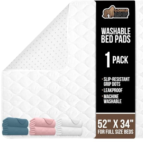 GORILLA GRIP Washable Underpads, Waterproof Reusable Heavy Absorbency Incontinence Bed Pads, Leak Proof Toddler Mattress Pad, 52x34 Slip Resistant Protector for Bedwetting, Adults and Kids, White