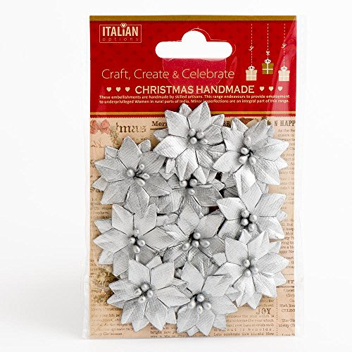 Italian Options 3.5cm Small Metallic Silver Poinsettia Christmas Flower Card Making Craft Decorations (Pack of 10)