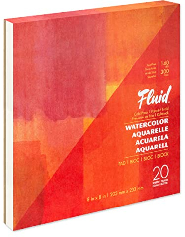 Fluid Artist Watercolor Pad, 140 lb (300 GSM) Cold Press Paper Pad for Watercolor Painting and Wet Media, Fold Over, 8 x 8 inches, 20 White Sheets
