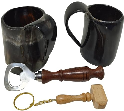 Galaxy Indiacraft Viking Drinking OX Horn | Tankard | Mug | Cup for Ale, Beer, Mead, Wine, Shot Glass, Bottle Opener |100% Leak Free | Natural and Handmade | Combo Offers