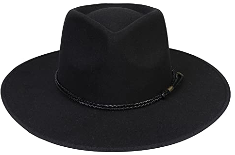 JK Home Fedora-Hut mit breiter Krempe, aus Wollfilz, Panama-Kappe, Einheitsgröße, Unisex, Damen und Herren, schwarzes geflochtenes Lederband, Black Braided Leather, Einheitsgröße