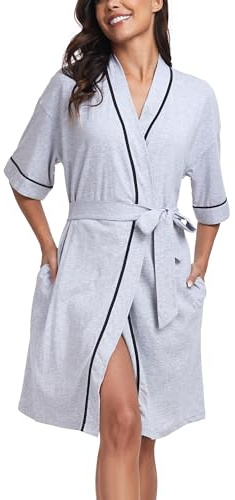 COLORFULLEAF 100 % coton peignoir pour femme léger court sauna kimono doux femmes vêtements de nuit manches courtes, gris, L