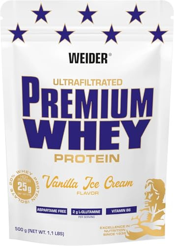 Weider - Premium Whey Protein Powder - Alto Contenuto Proteico, Basso Contenuto di Carboidrati e Basso Contenuto di Grassi con L-Glutammina e Vitamina B6-500 g - Gelato alla Vaniglia