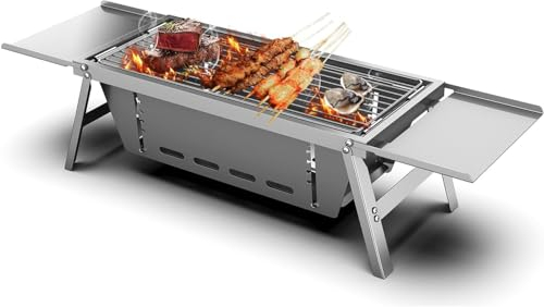 GENCAM Tragbarer Grill, Edelstahl Klappbarer Holzkohlegrill, Tragbarer BBQ Grill für Outdoor Picknick, Camping, Reisen, Strand