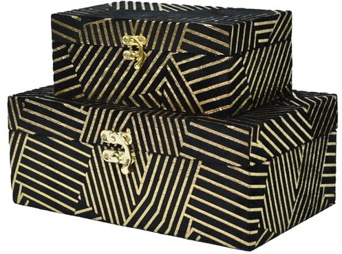 DECOR4SEASON Dekorative Aufbewahrungsboxen aus Samt, mit goldfarbenen Streifen, Schwarz, 2 Stück