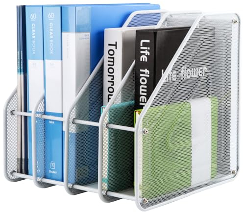 Cliselda Weiß Stehsammler Metall mit 4 Fächern, Gitter Zeitschriftensammler stehordner A4, Robuster Schreibtisch Organizer Dokumente Ordner Halter für Schule Heimbüro