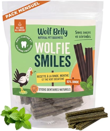 Wolf Belly - Dental Stick per Cani Naturali (28 pz) 93% Tacchino e Menta Senza Cereali | Igiene Dentale & Alito Fresco | Consistenza Compatta | Ricco di Proteine - Prodotto in Europa
